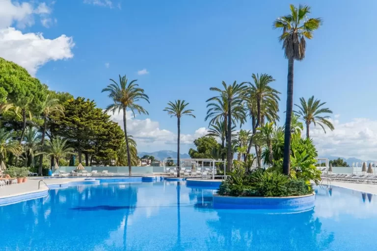 Amplia piscina al aire libre con isla central de palmeras y tumbonas blancas en Mallorca