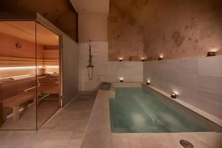 Espacio interior de bienestar con piscina, sauna de madera y ducha en ambiente cálido y relajante en Mallorca