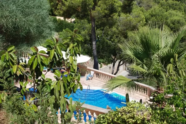 Piscina al aire libre en Mallorca con borde de piedra, vegetación variada y mobiliario blanco con sombrilla