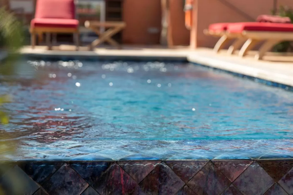 Piscina con agua clara y azulejos azules rodeada de tumbonas con cojines rojos en Mallorca