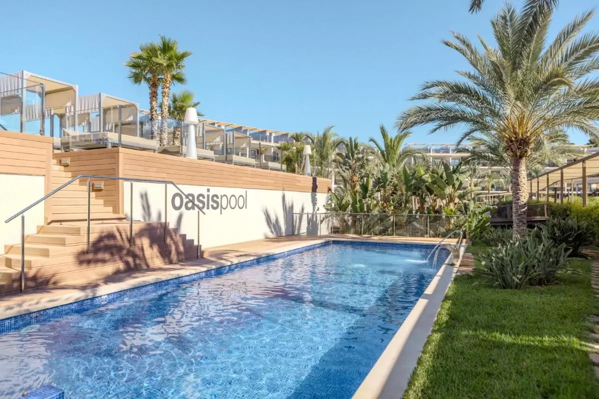 Piscina rectangular al aire libre en Mallorca con vegetación tropical y diseño moderno para relajación