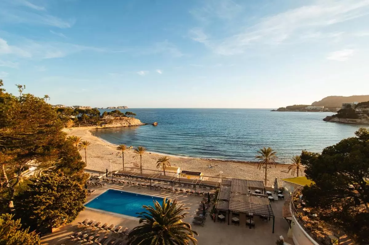 Vista panorámica de piscina y playa en Mallorca con tumbonas, palmeras y paisaje costero al atardecer